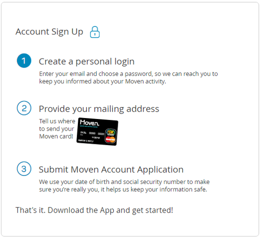 3-step sign up for digital-only bank, Moven